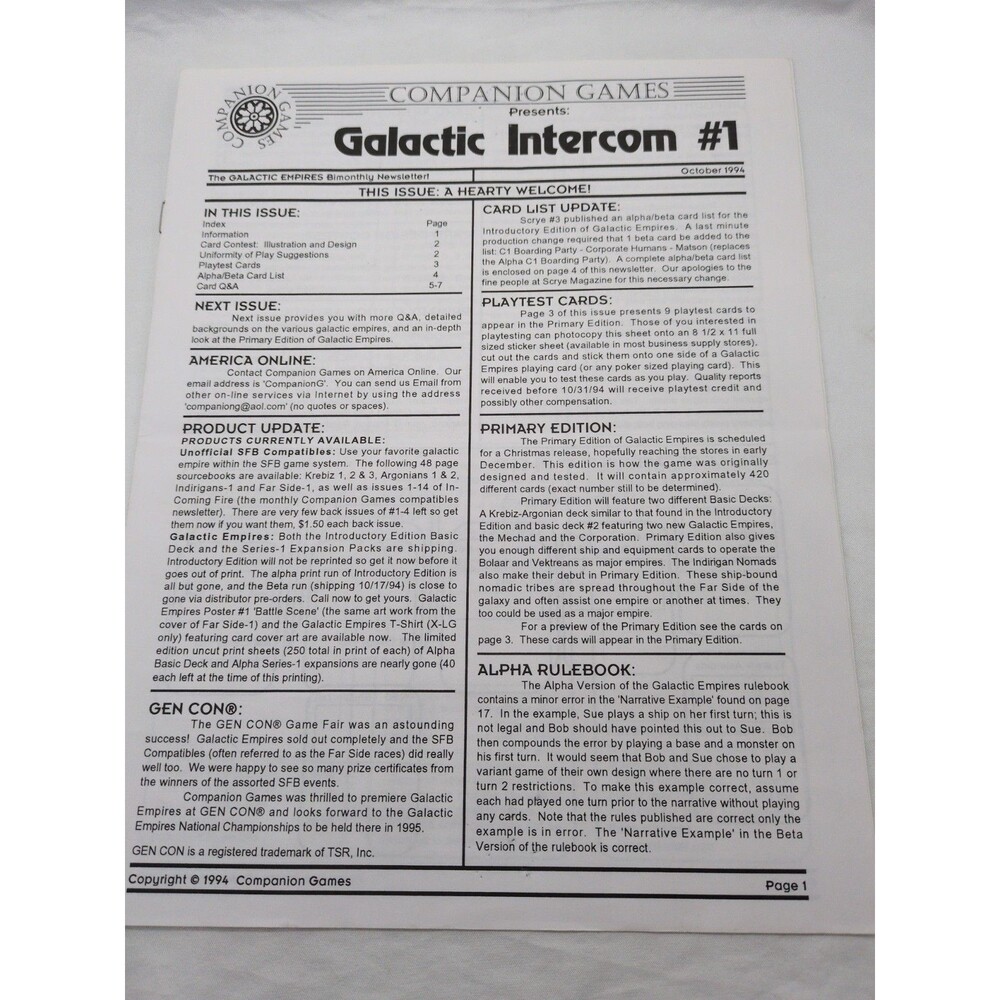 Companion Games Galactic Intercom #1 Bimonthly Newsletter